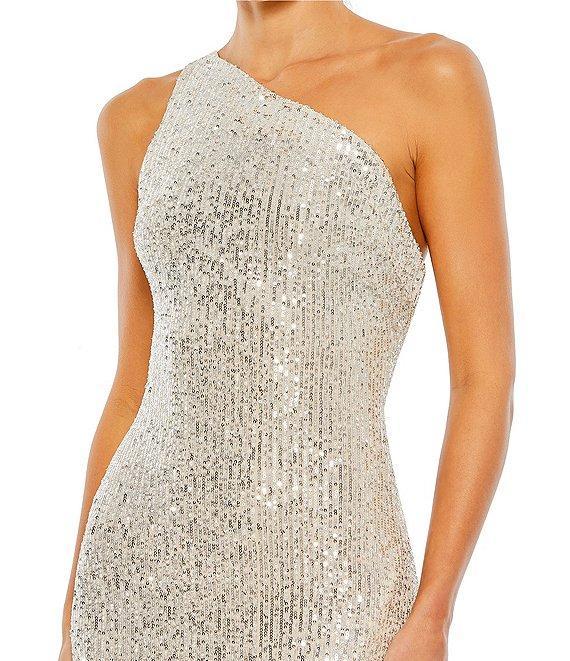 Mac Duggal Sequined Asymmetrical One Shoulder Sleeveless Strappy Open Back Detail Thigh High Slit Gown Product Image