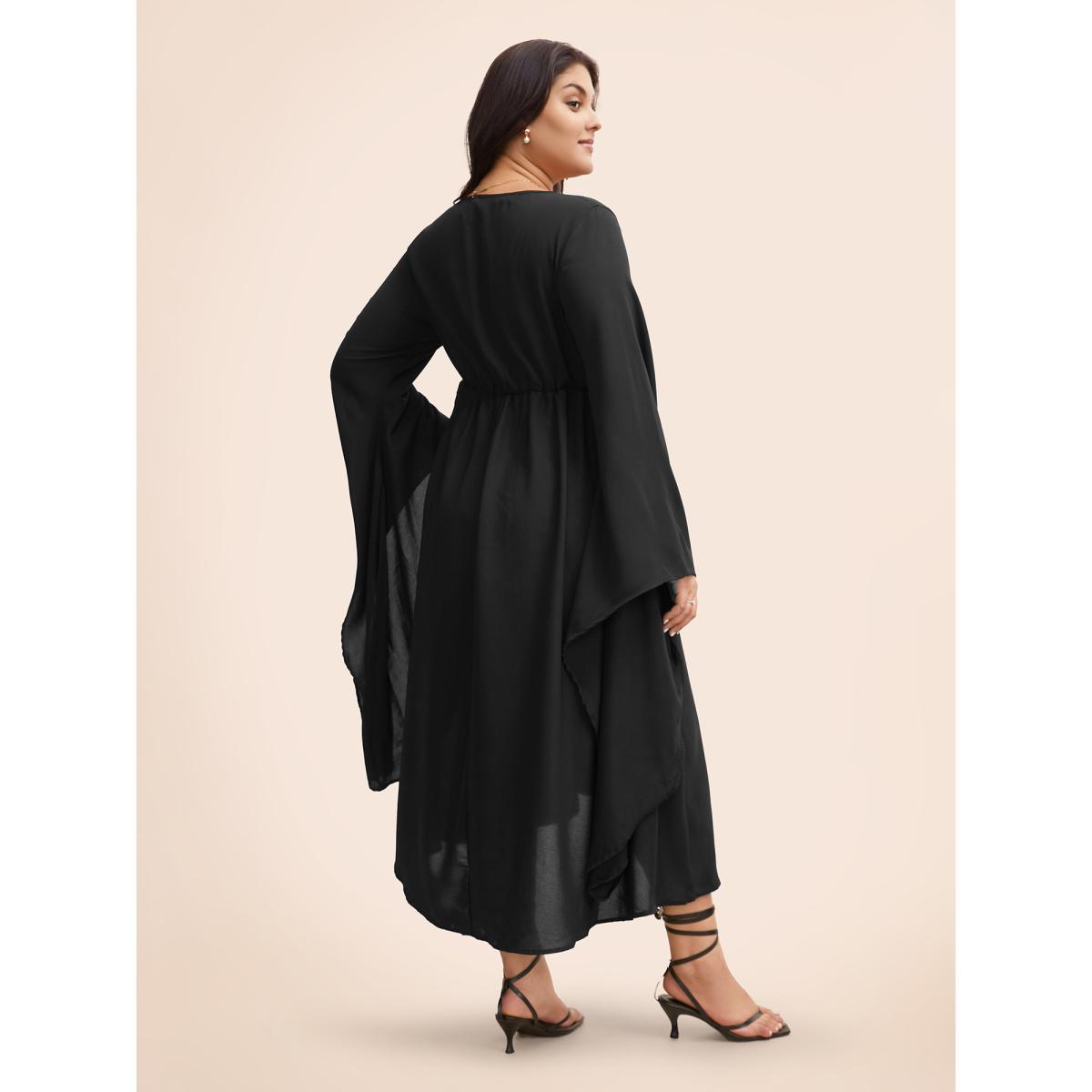Plus Size Solid Bell Sleeve Pocket Ties High Low Hem Dress Black Women Playful Non V-neck Long Sleeve Curvy Midi Dress BloomChic 26/4X Product Image