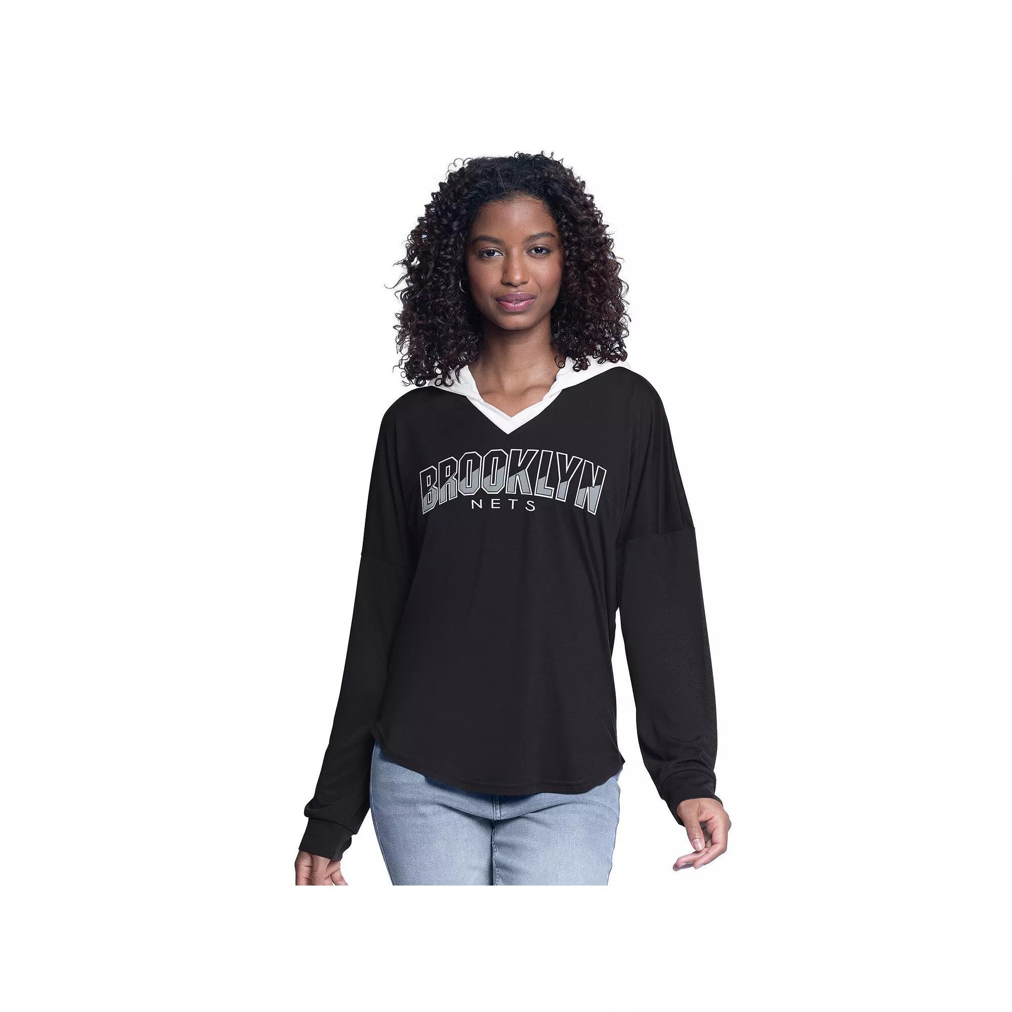 Women's G-III 4Her by Carl Banks Black Brooklyn Nets Bench Player Oversized Long Sleeve Hooded Top, Size: Medium Product Image