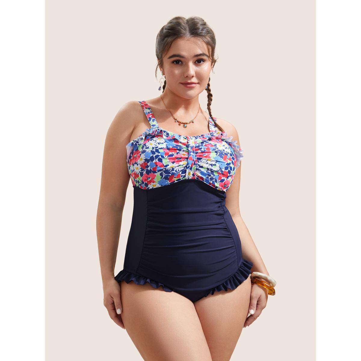 Plus Size Ditsy Floral Patchwork Ruffles Gathered One Piece Swimsuit Women's Swimwear Midnight Beach Non Curve Bathing Suits High stretch One Pieces BloomChic 28/5X Product Image