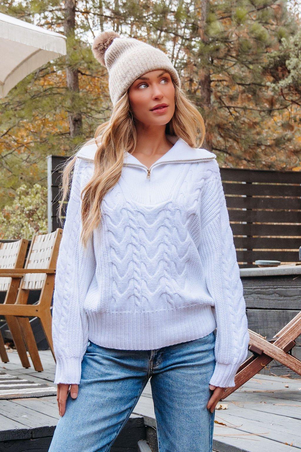 White Quarter Zip Cable Knit Sweater - FINAL SALE Product Image