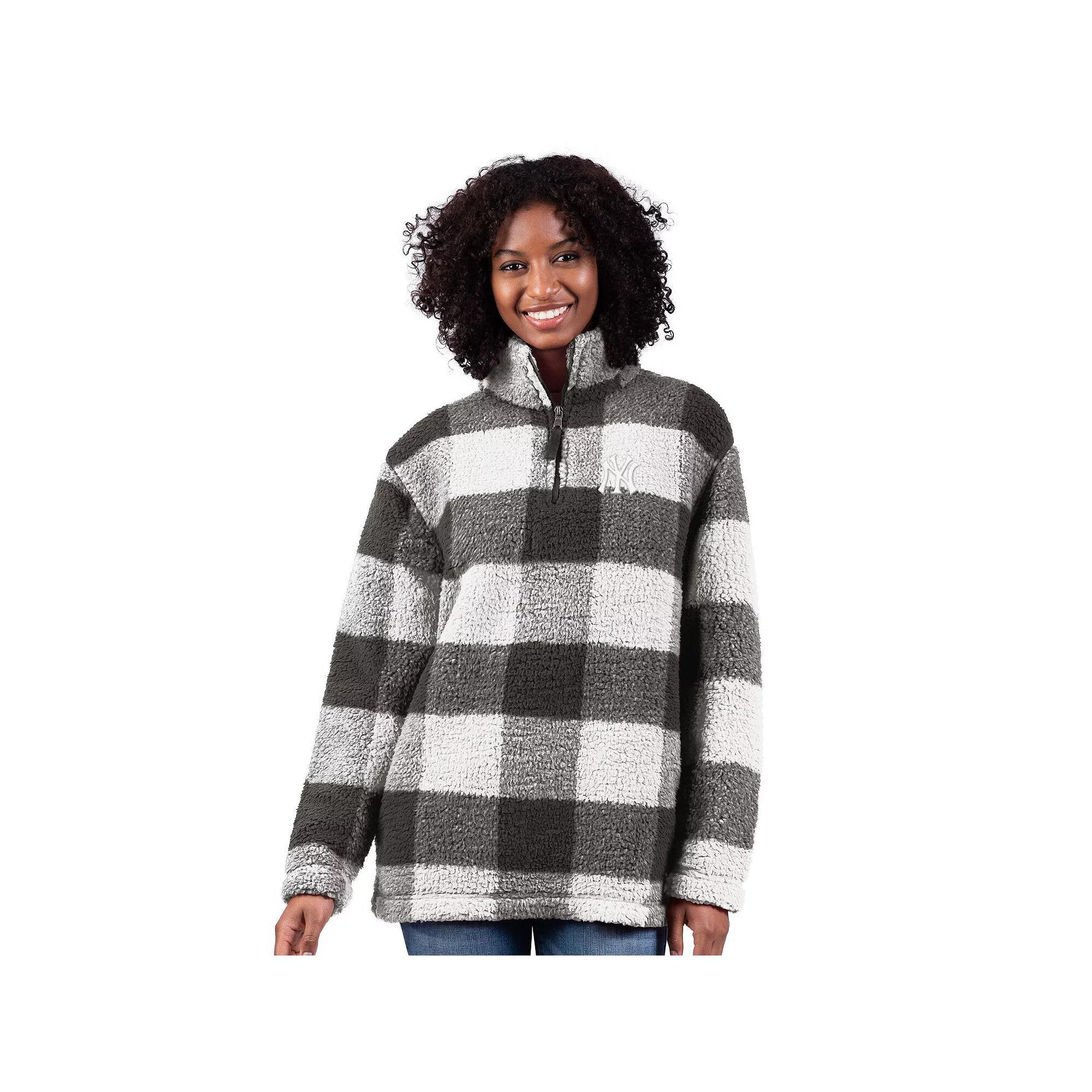 Women's G-III 4Her by Carl Banks  Gray New York Yankees 24/7 Plaid Quarter-Zip Sherpa Jacket, Size: Large, Grey Product Image