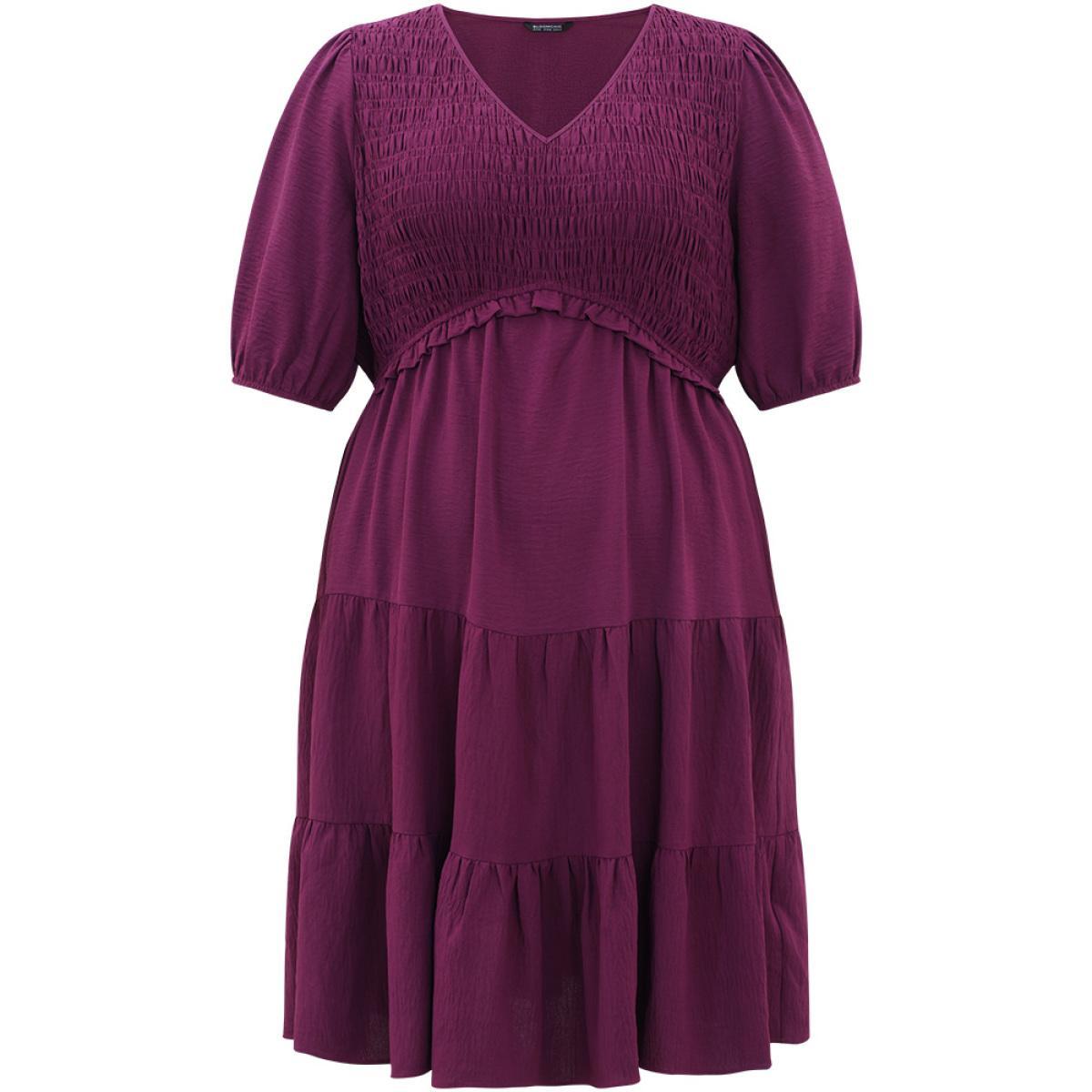 Plus Size Solid Shirred Pocket Frill Trim Layered Dress Purple Women Elegant Plain V-neck Short sleeve Curvy Midi Dress BloomChic 18-20/2X Product Image