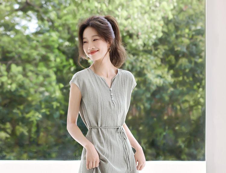 Short-Sleeve Notch Neck Plain Midi A-Line Dress Product Image