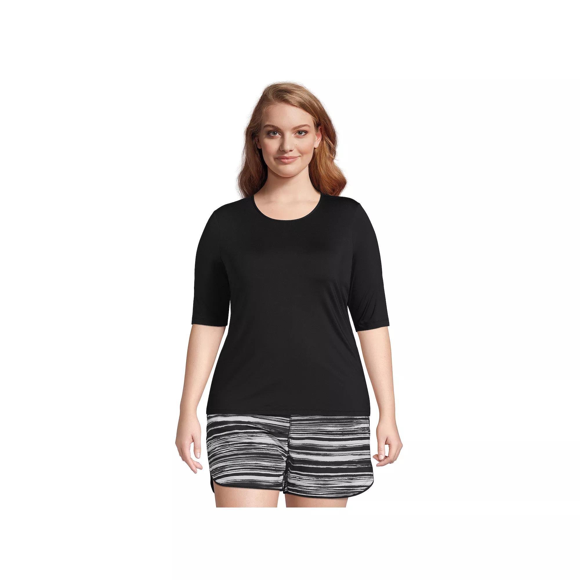 Plus Size Lands' End UPF 50 Elbow-Sleeve Rash Guard Swim Tee, Women's, Size: 1XL, Black Product Image