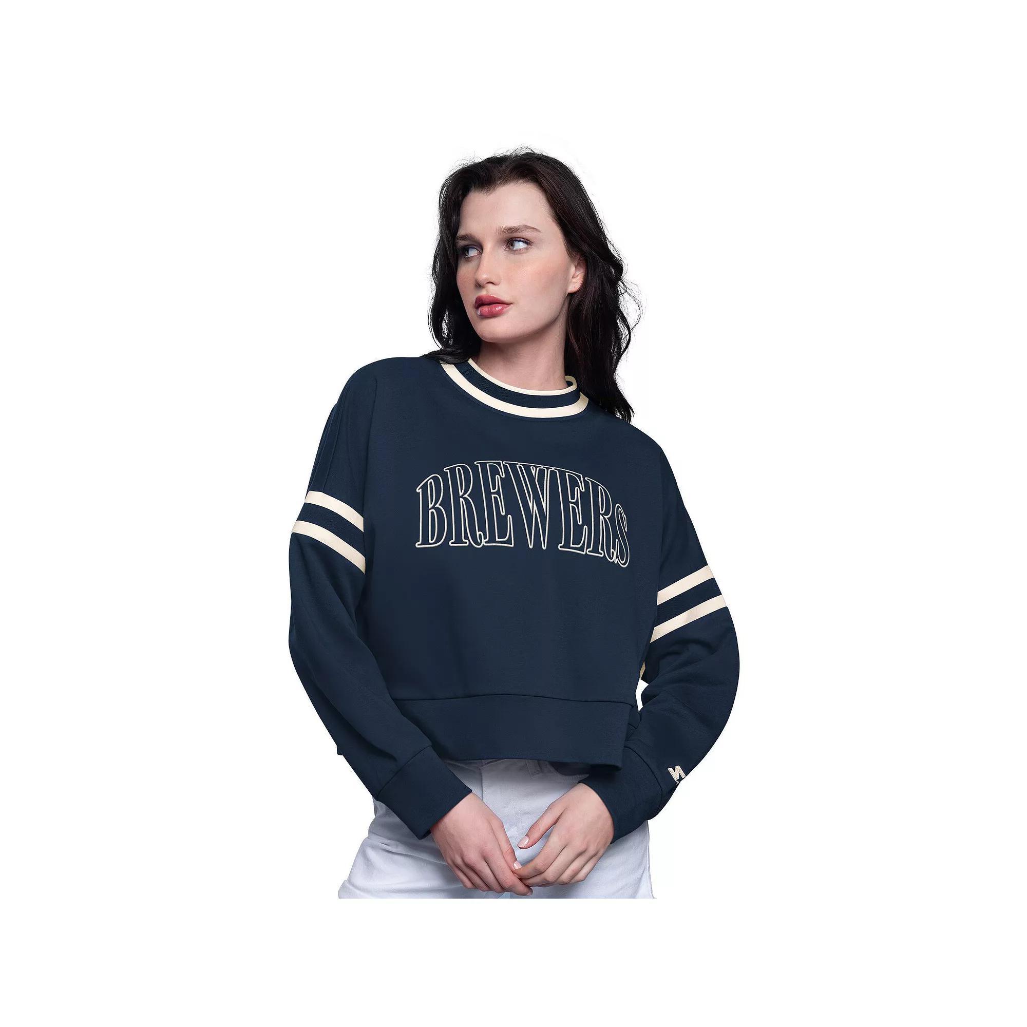 Women's Starter Navy New York Yankees Power Play Cropped Pullover Sweatshirt,  Product Image