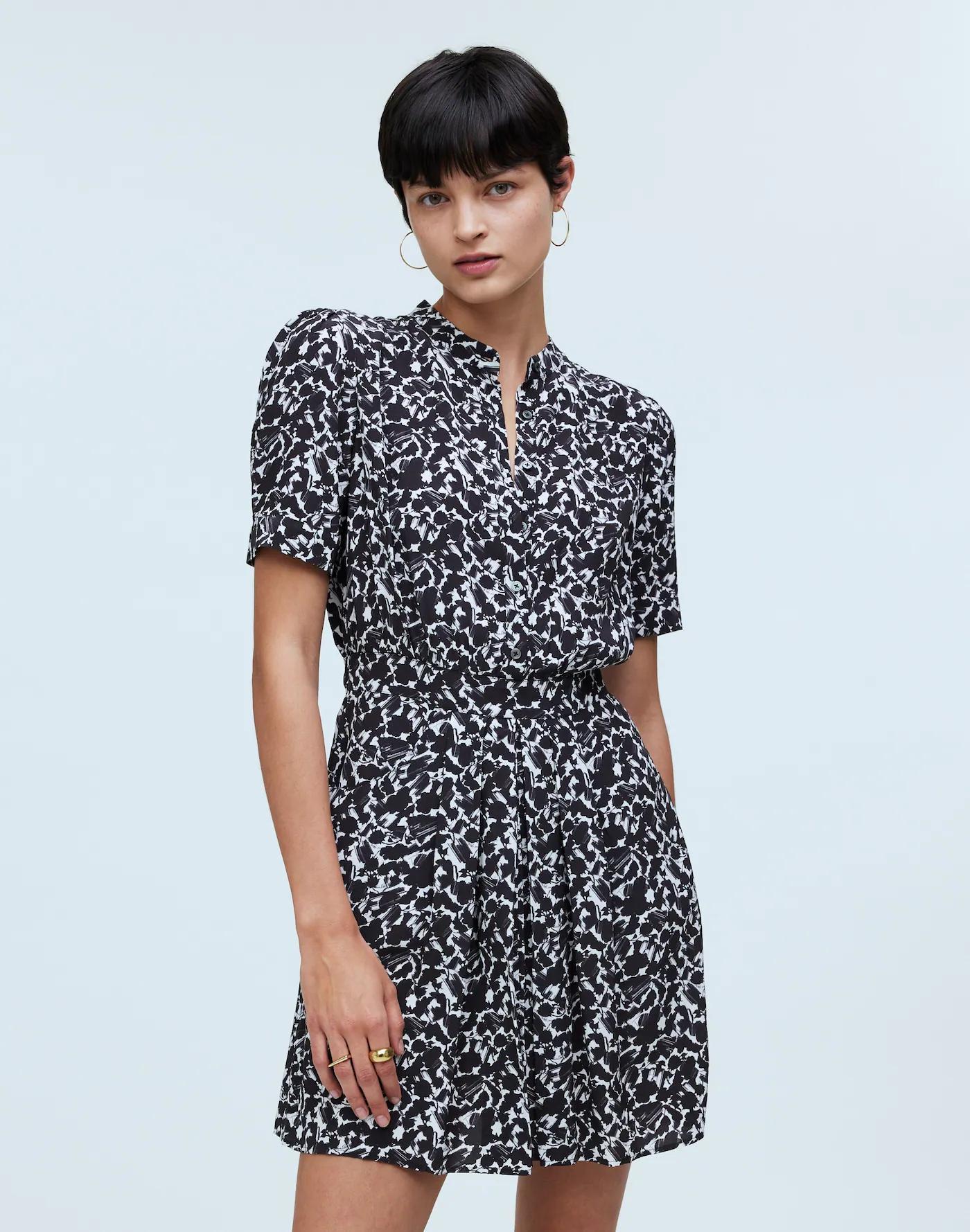 Button-Front Blouson Mini Shirtdress in Floral Crepe Product Image