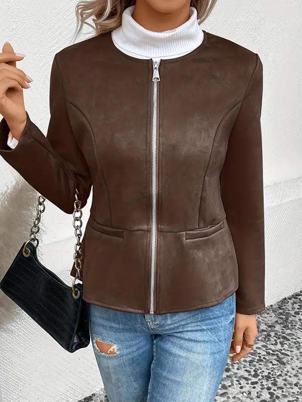 Long Sleeves Loose Pockets Solid Color Split-Joint Zipper Round-Neck Jackets Outerwear Product Image