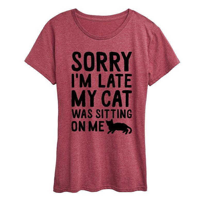 Women's Sorry I'm Late Cat Sitting On Me Graphic Tee, Girl's, Size: Large, Grey Wine Product Image