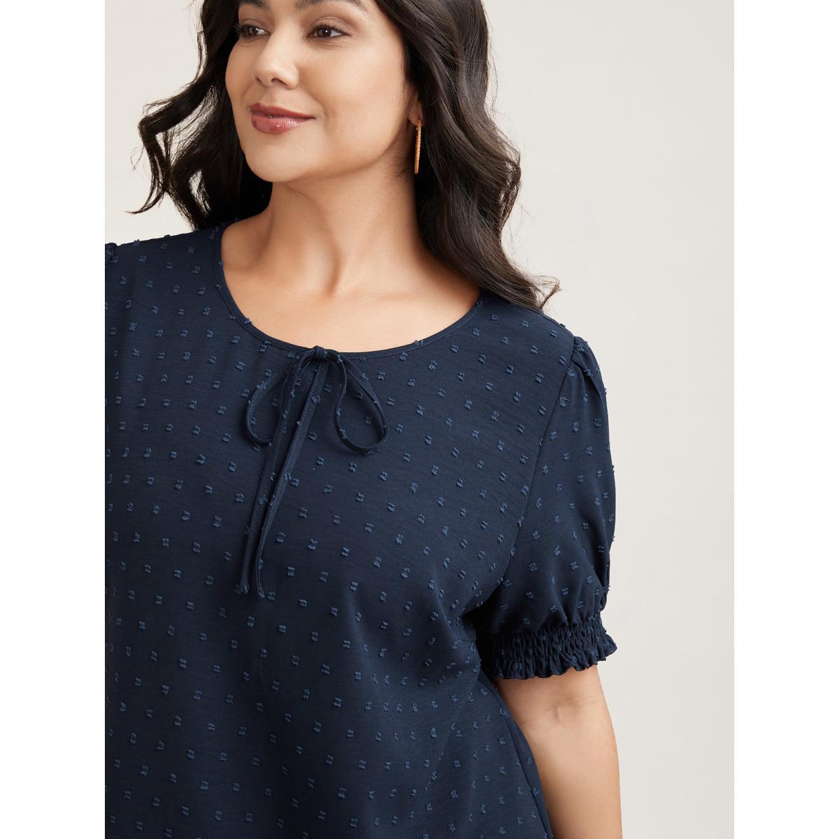 Plus Size Indigo Shirred Puff Sleeve Neck-Tie Shirt Women Office Short sleeve Round Neck Vacation Blouses BloomChic 14-16/1X Product Image