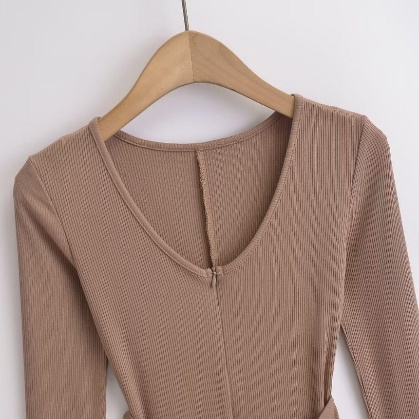 Set: Long-Sleeve V-Neck Plain Ribbed Half-Zip Romper + Mini Wrap Skirt Product Image