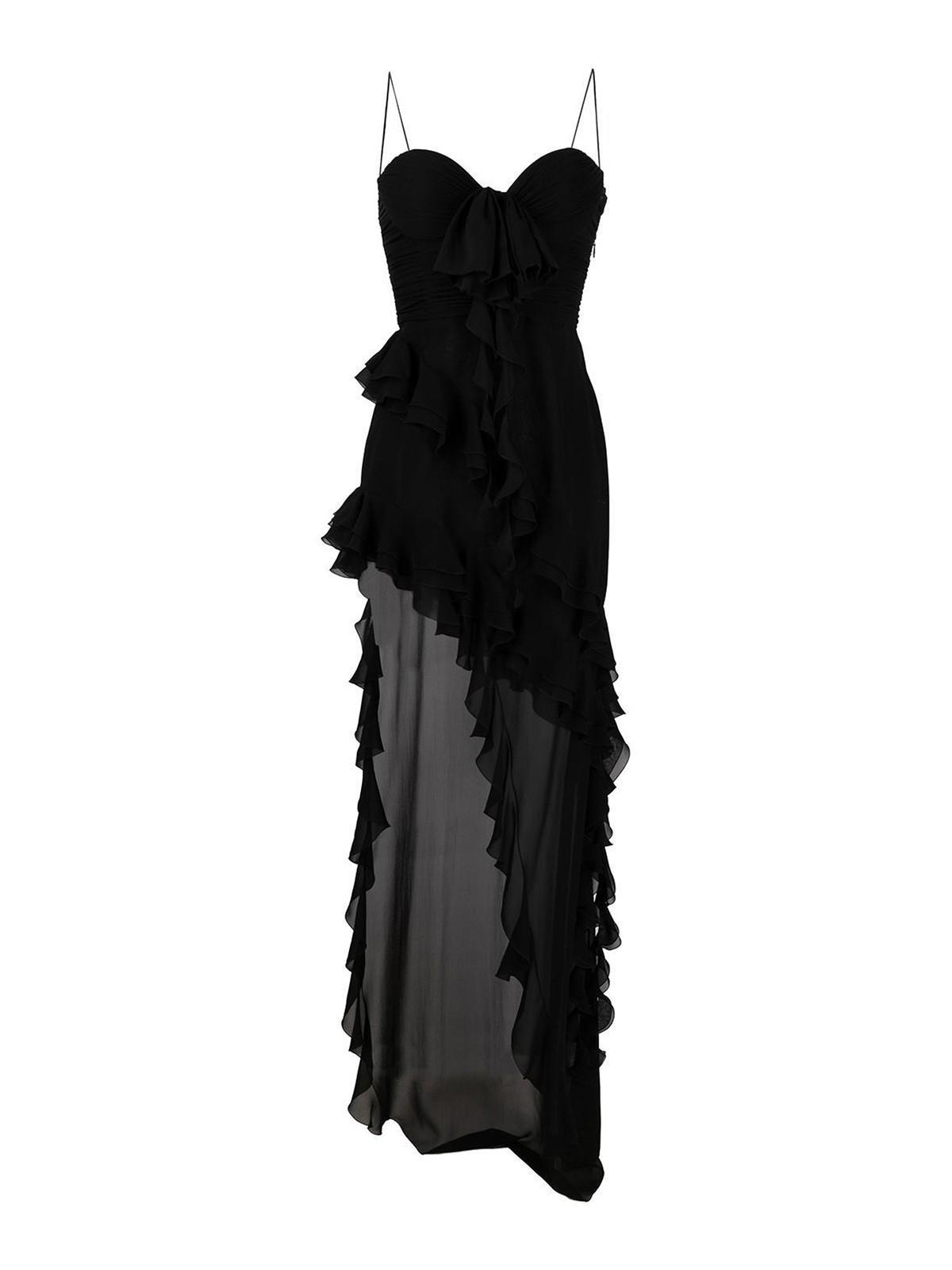 ALESSANDRA RICH Silk Dress With Slit And Ruffles In Black Product Image