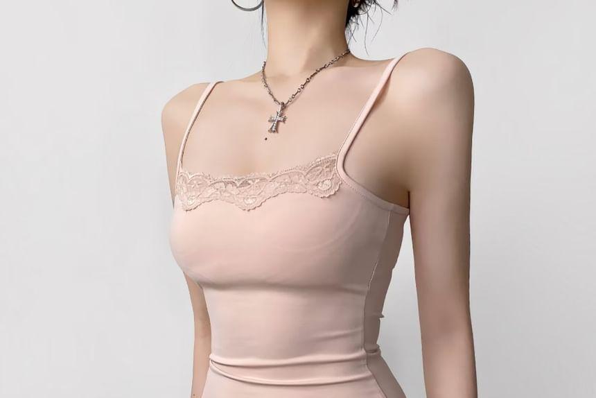 Spaghetti Strap Lace Trim Plain Mini Bodycon Dress Product Image