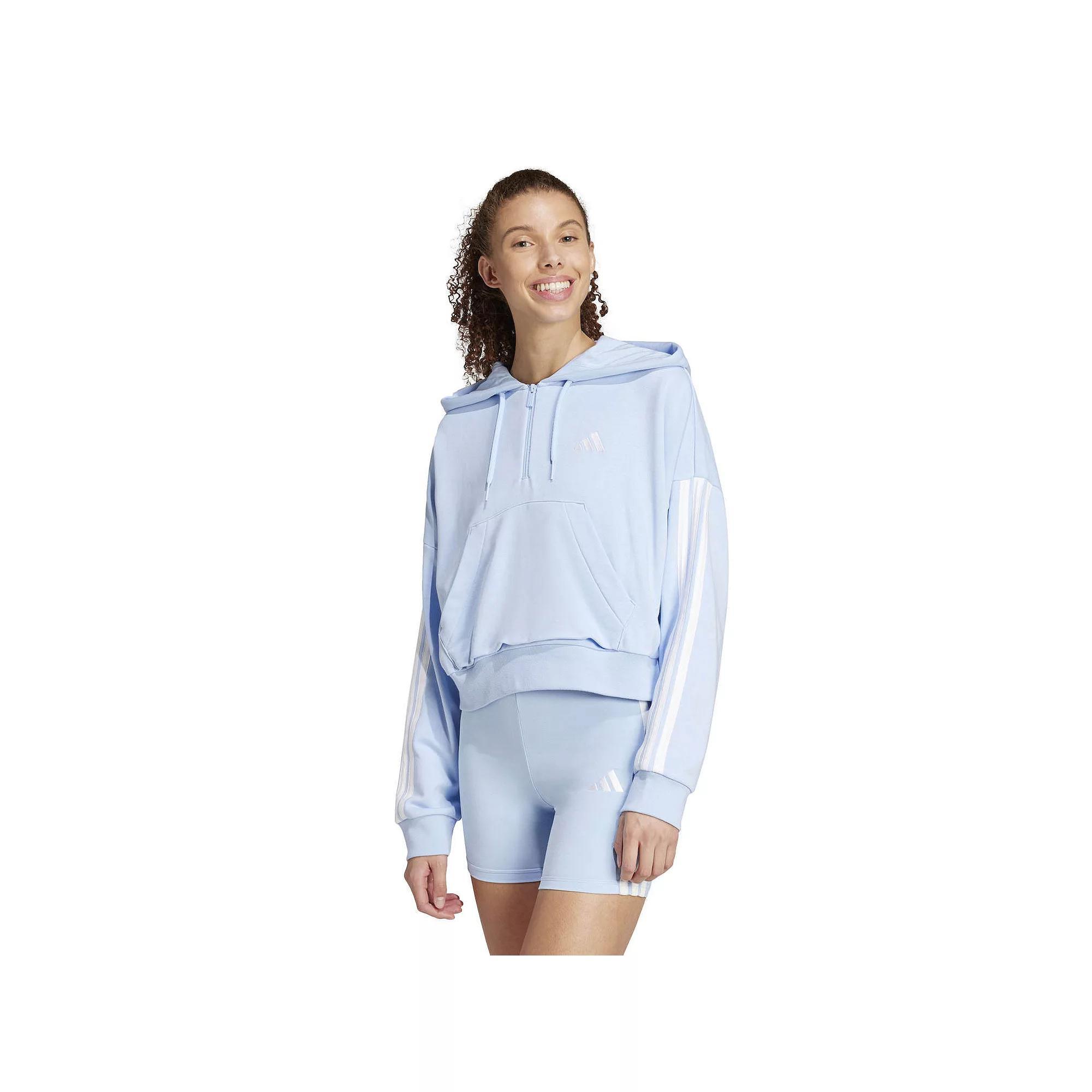 Women's adidas Essentials 3-Stripes Sportswear Quarter-Zip Hoodie, Size: Small, Glow Blue Product Image
