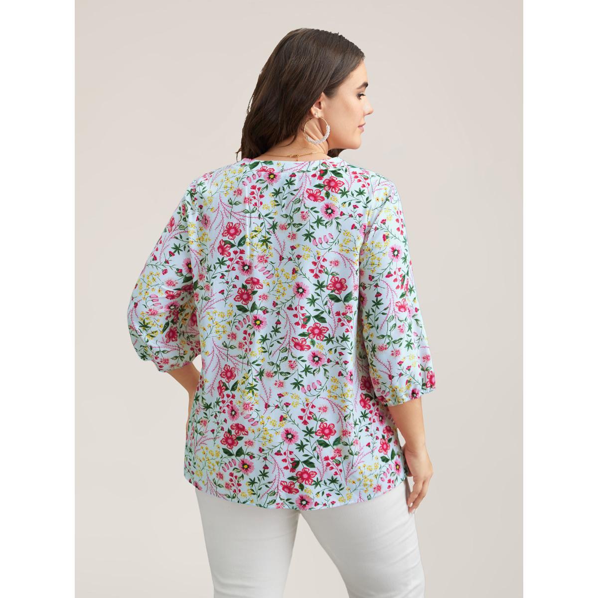 Plus Size LightBlue Floral Print Notched Collar Shirt Women Timeless Elbow-length sleeve Notched collar Elegant Blouses BloomChic 14-16/1X Product Image