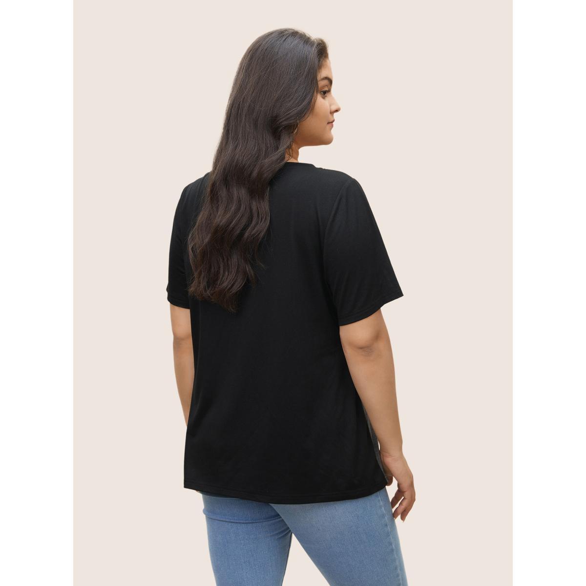 Plus Size Colorblock Contrast Patchwork Leopard T-shirt Black Women Casual Patchwork Leopard Round Neck Everyday T-shirts BloomChic 26/4X Product Image