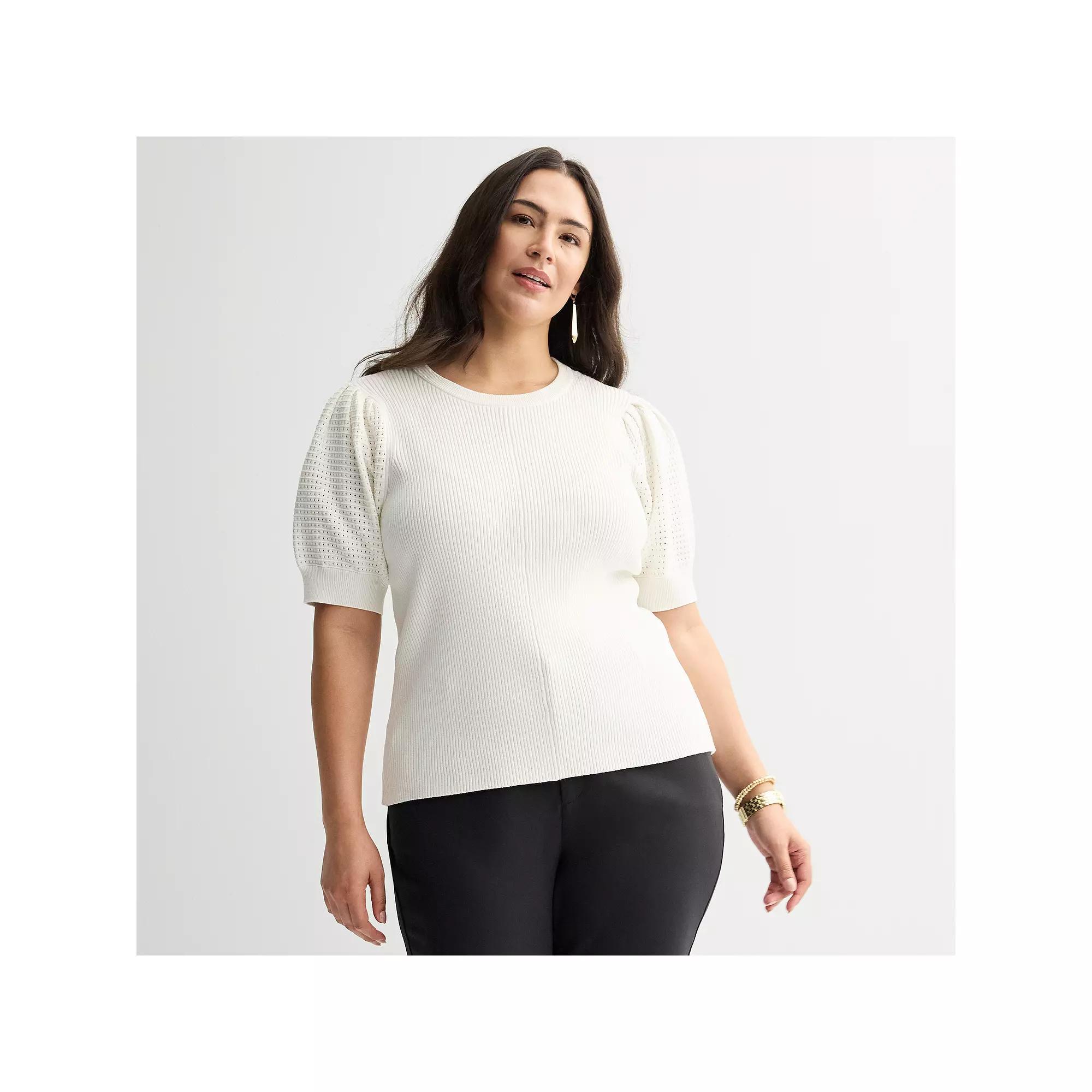 Plus Size Nine West Open Stitch Short Sleeve Sweater Tee, Women's, Size: 4XL, Daisy Dew Product Image