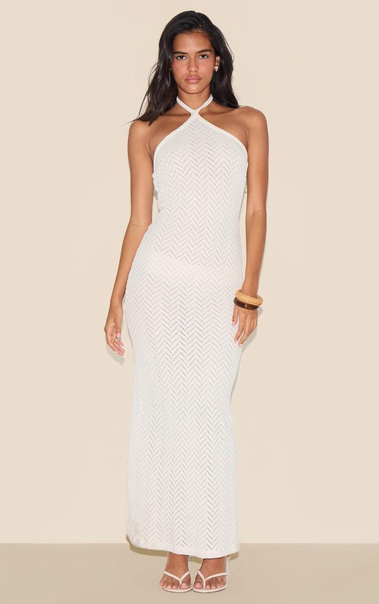 Cream Textured Tie Halter Maxi Dress Product Image