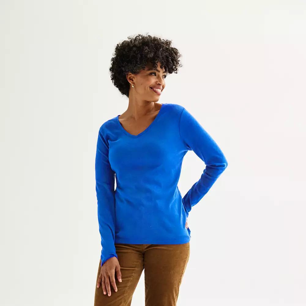 Women's Croft & Barrow® Essential Long Sleeve V-Neck Tee, Size: Small, Chicago Red Product Image