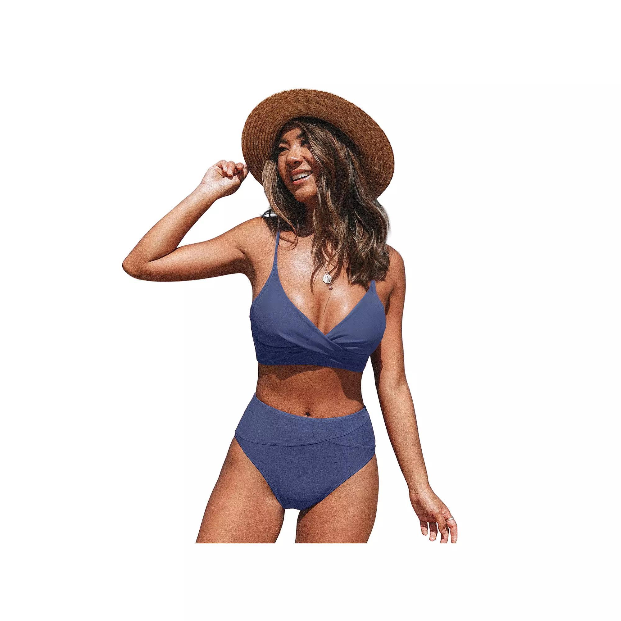 Women's CUPSHE 2-Piece Twisted Bikini Top & High-Rise Bottoms Set, Size: Medium, Blue Product Image