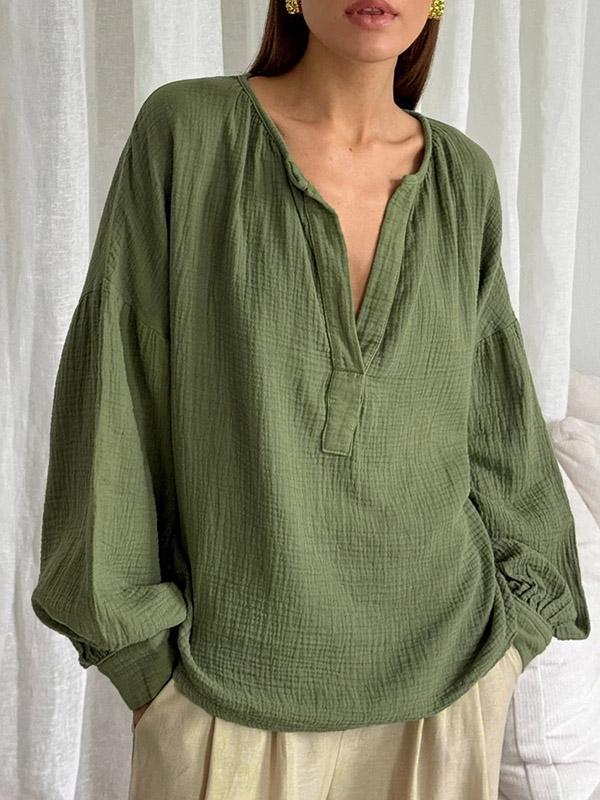 Loose Puff Sleeves Pleated Solid Color Split-Joint V-Neck Blouses&Shirts Tops Product Image