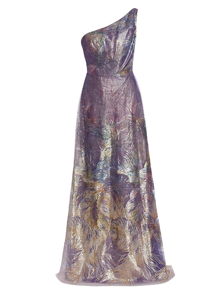 Womens One-Shoulder Feather Brocade Gown Product Image