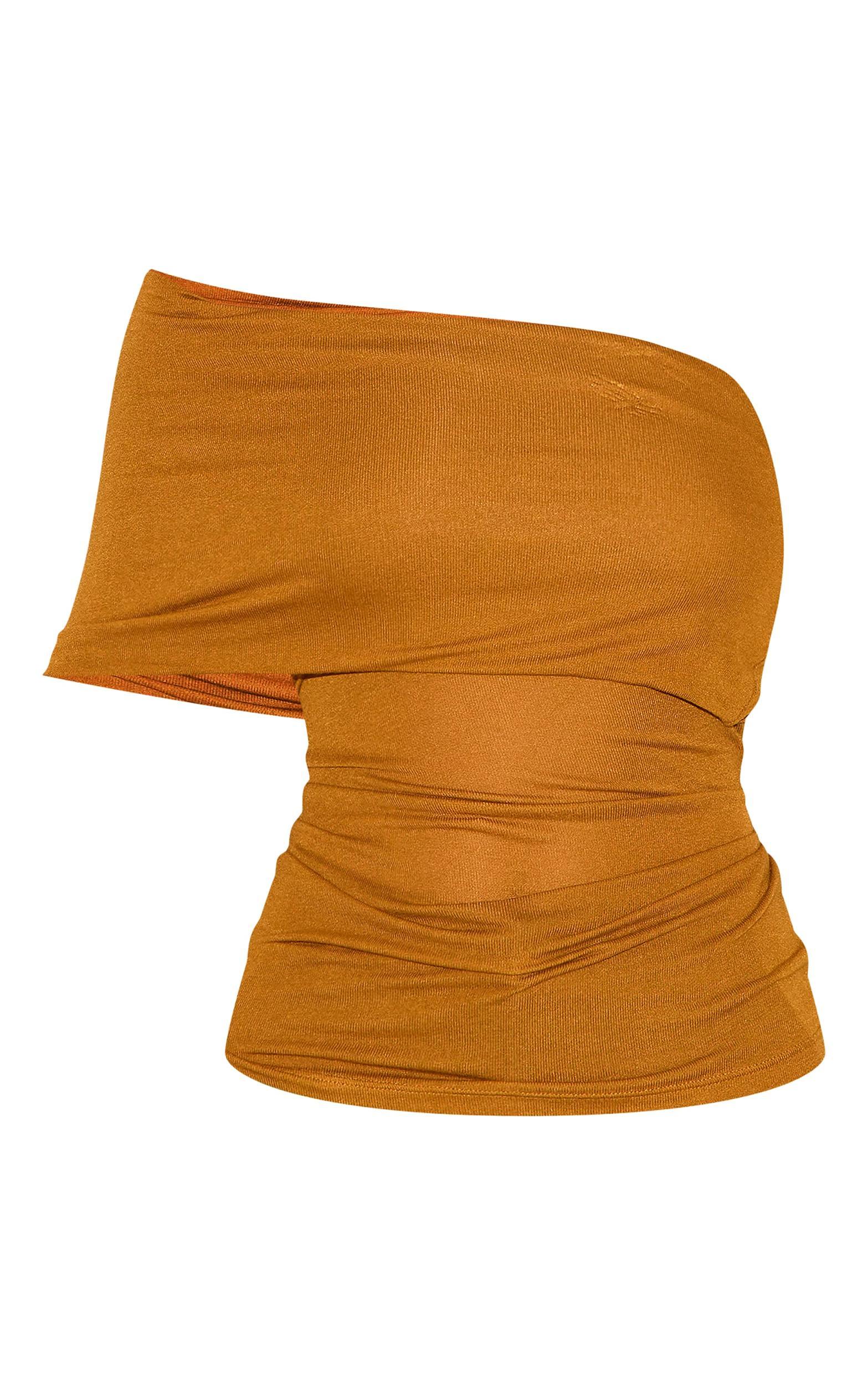 Tan Sheer Soft Touch Fold Over Detail One Shoulder Long Top Product Image
