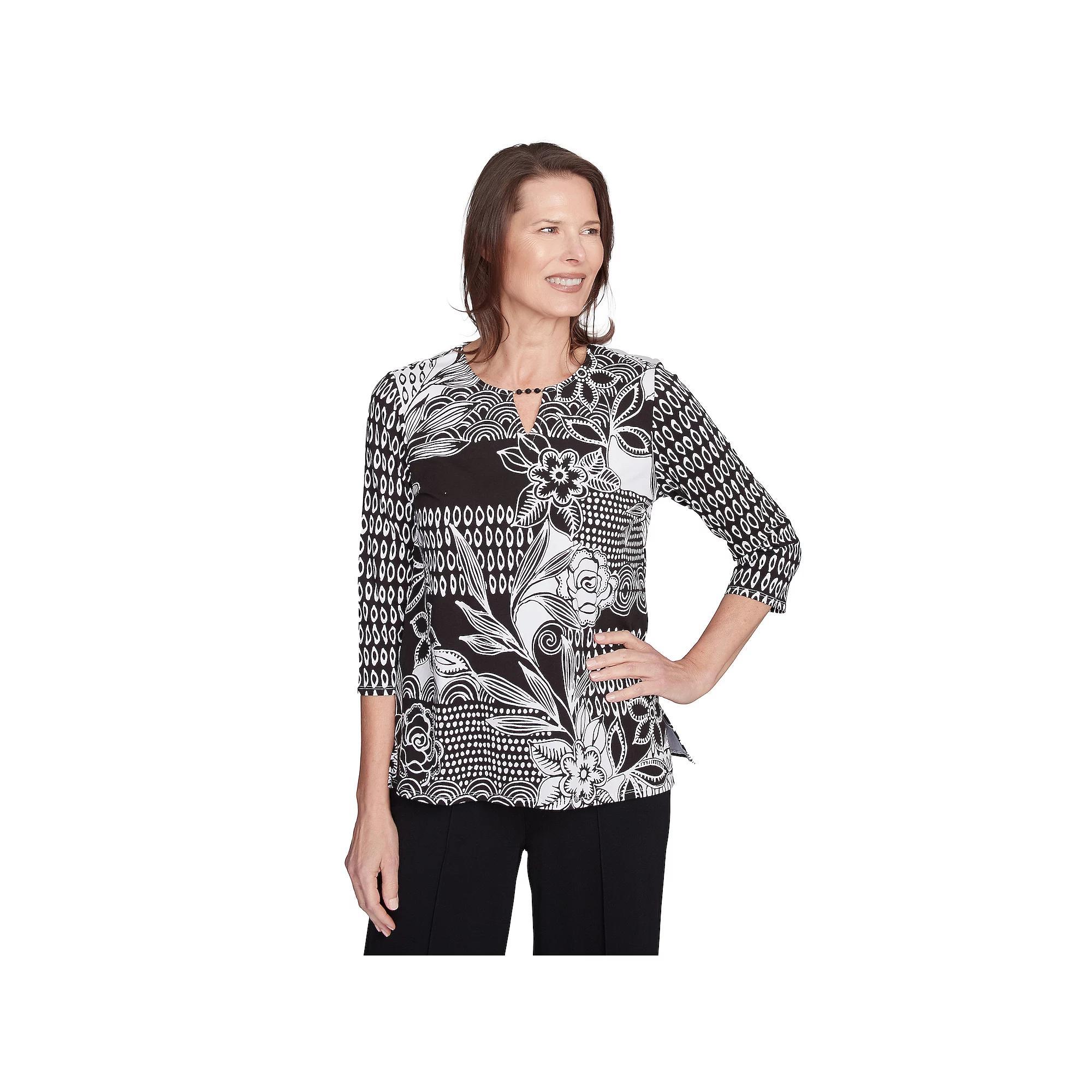 Alfred Dunner Petite Monotone Patch Beaded Split Neck Top, Women's, Size: Small Petite, Black Team Product Image