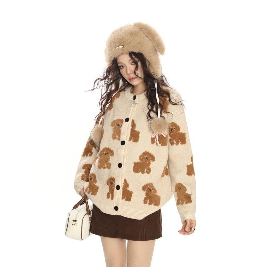 Round Neck Dog Patterned Cardigan Product Image