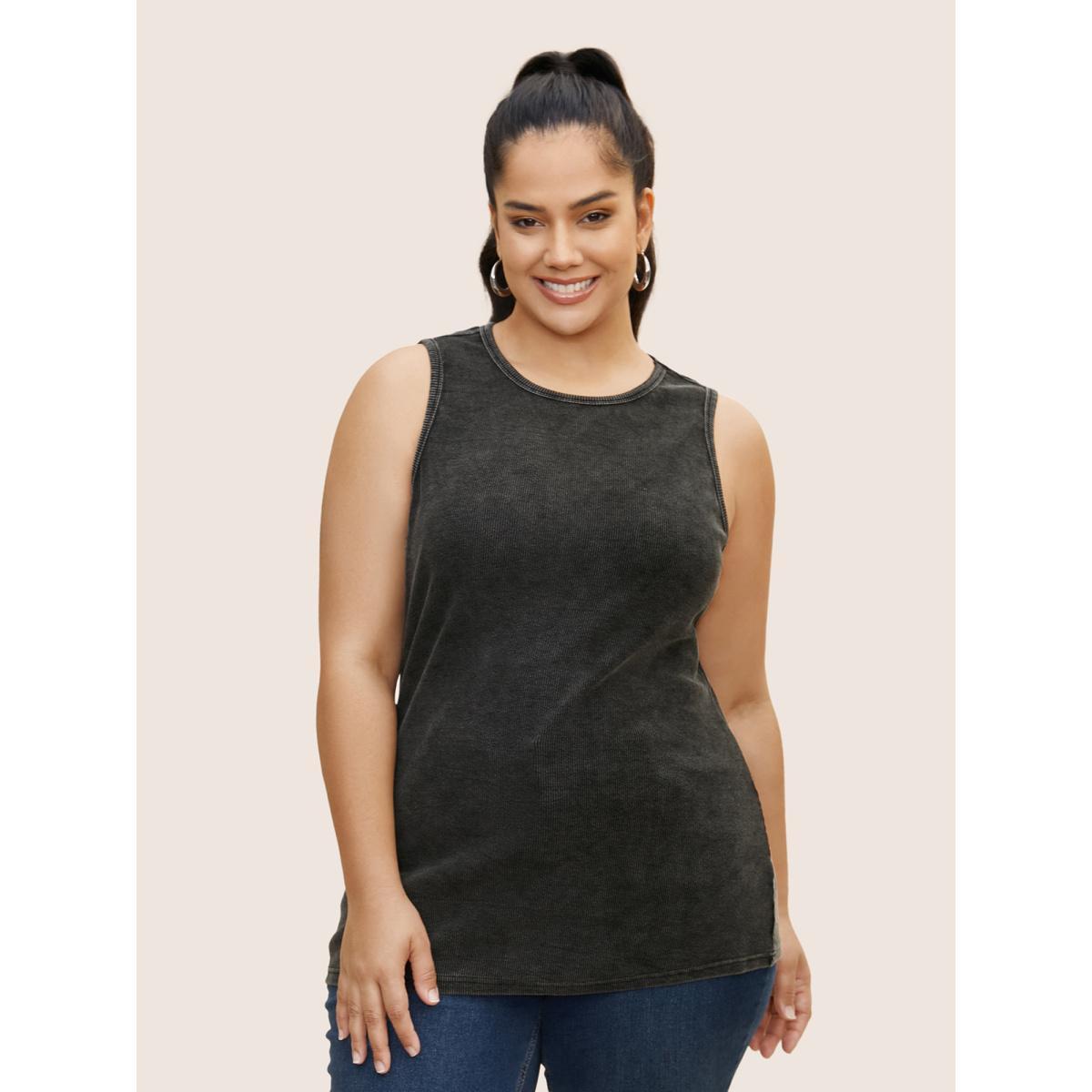 Plus Size Vintage Round Neck Pit Strip Tank Top Women Black Casual Texture Round Neck Everyday Tank Tops Camis BloomChic 30/6X Product Image