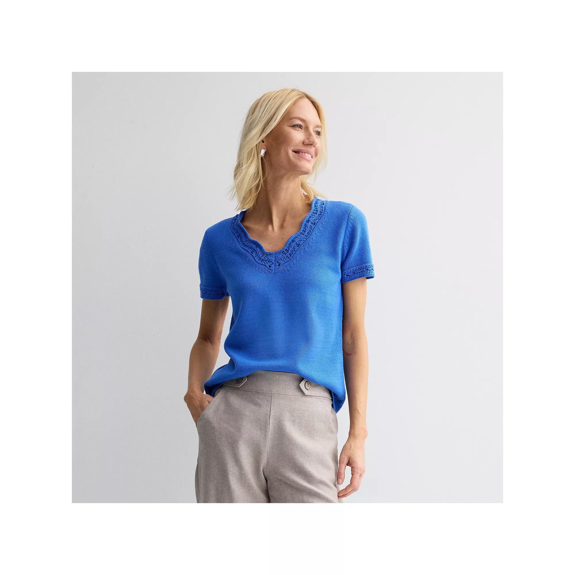 Petite Croft & Barrow® Crochet Trim V-Neck Short Sleeve Sweater, Women's, Size: XS Petite, Valen River Product Image