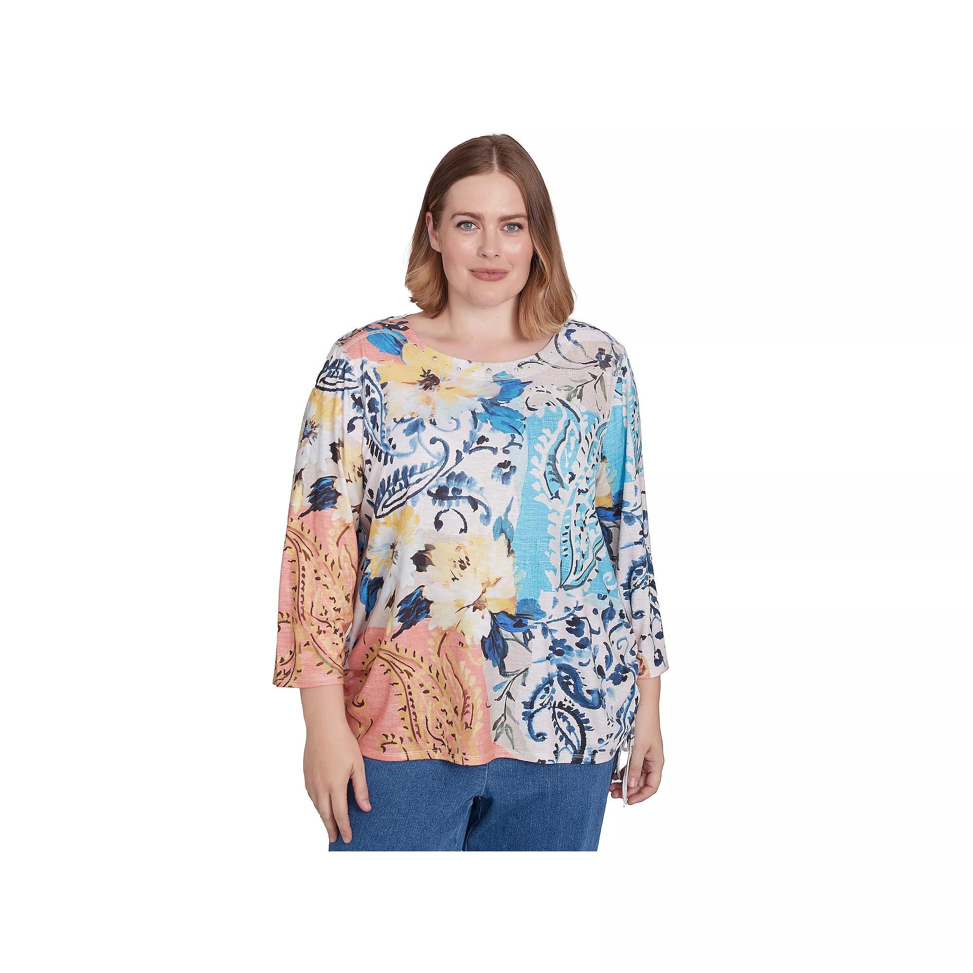 Plus Size Alfred Dunner Floral Patch Drawstring Ruched Top, Women's, Size: 3XL, Multi Blue Product Image