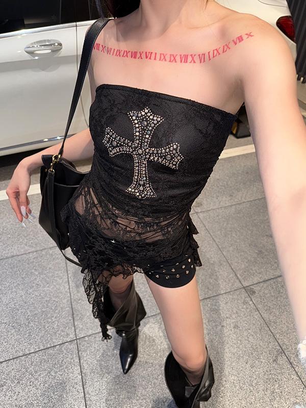 Black Lace Cross Print Strapless Top Product Image
