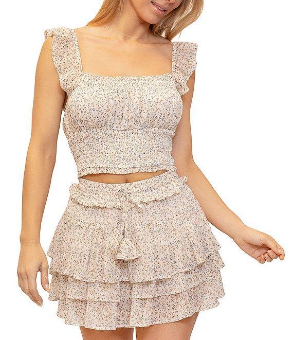 Stevie By Steve Madden Floral Print Metallic Chiffon Square Neck Flutter Strap Smocked Top Product Image