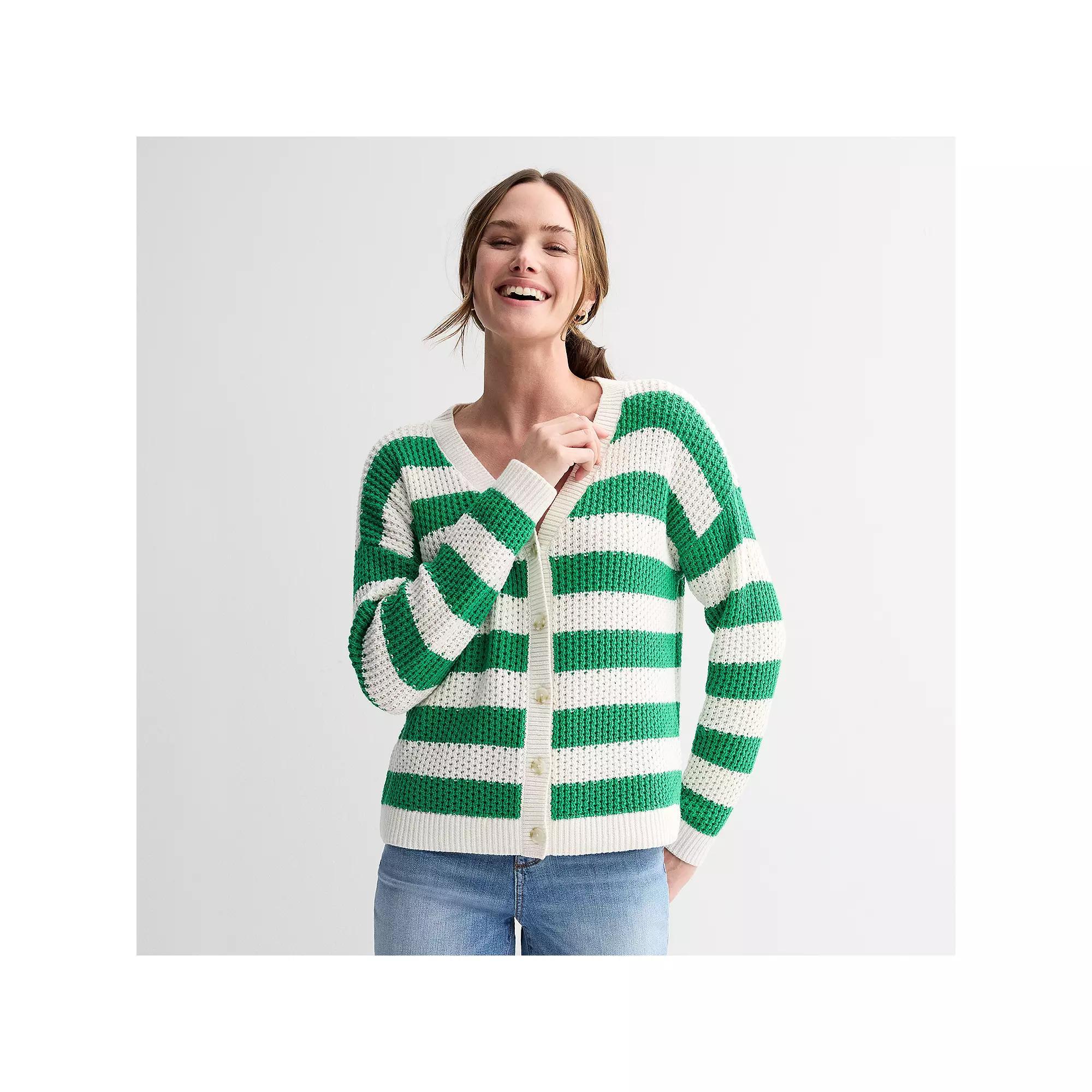 Women's Sonoma Goods For Life® Button-Front Cardigan, Size: XXL, Bold Green Stripe Product Image