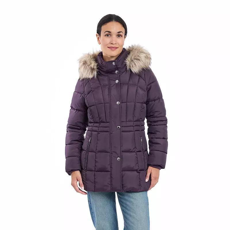 Womens London Fog Faux Fur Trim Hooded Puffer Coat Royal Purple Product Image