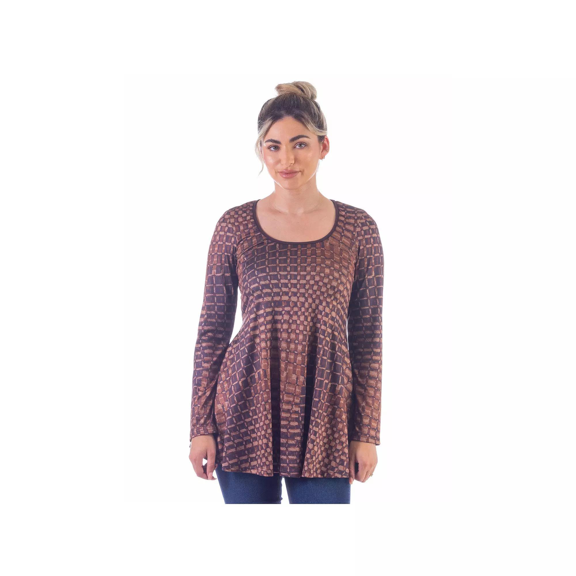 Women's 24Seven Comfort Apparel Brown Scoop Neck Long Sleeve Tunic Top,  Product Image