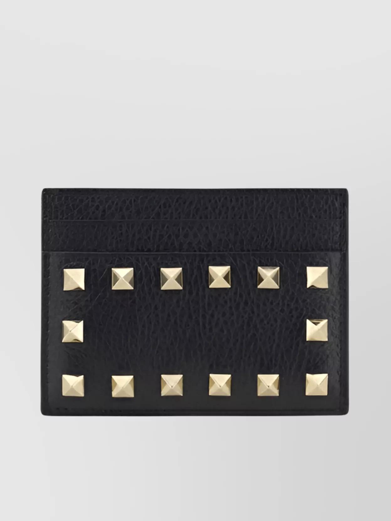 VALENTINO GARAVANI Studded Grained Leather Card Holder In Black Product Image