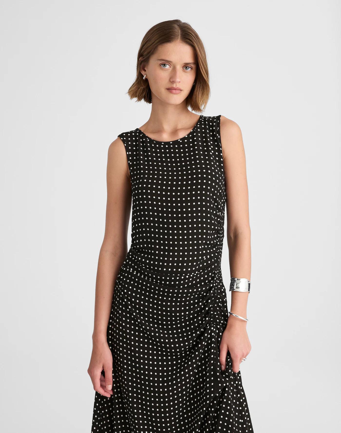 Asymmetrical Ruched Midi Dress in Dot Product Image
