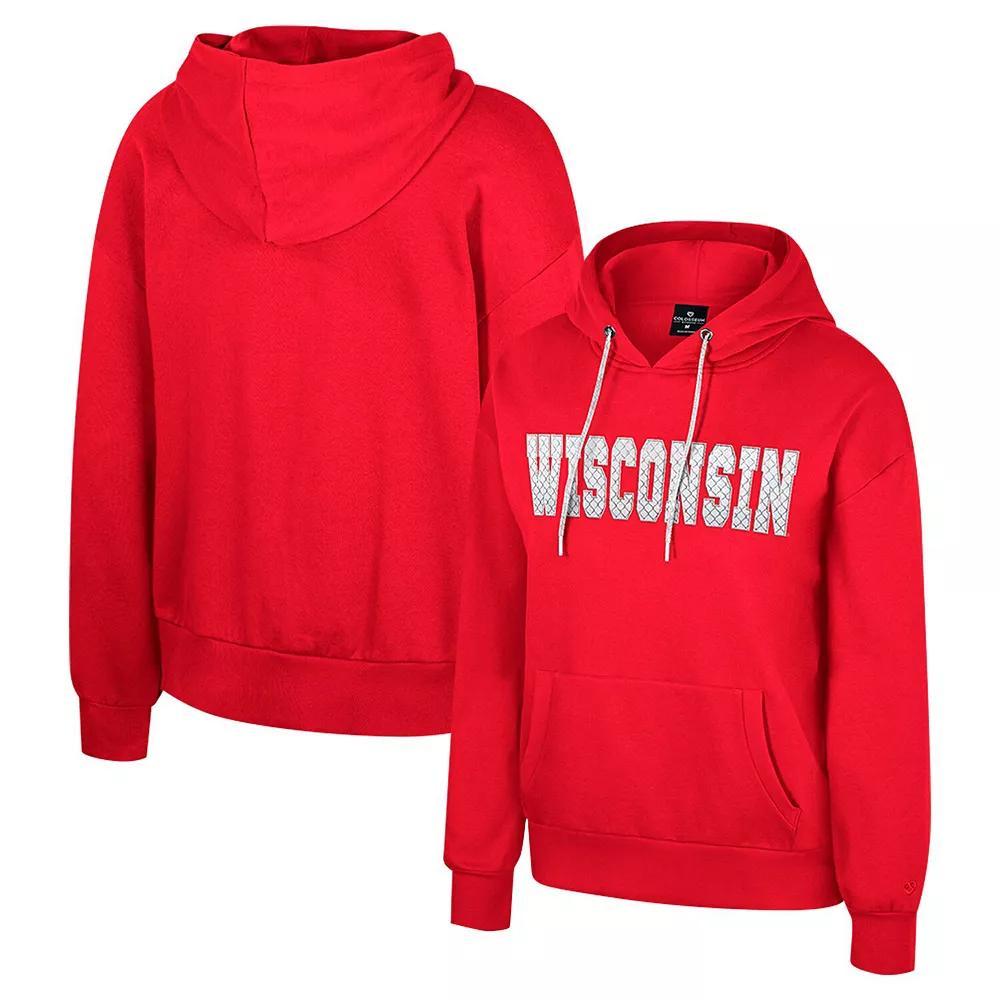 Women's Colosseum Red Wisconsin Badgers Reflection Rhinestone Drawcord Pullover Hoodie,  Product Image