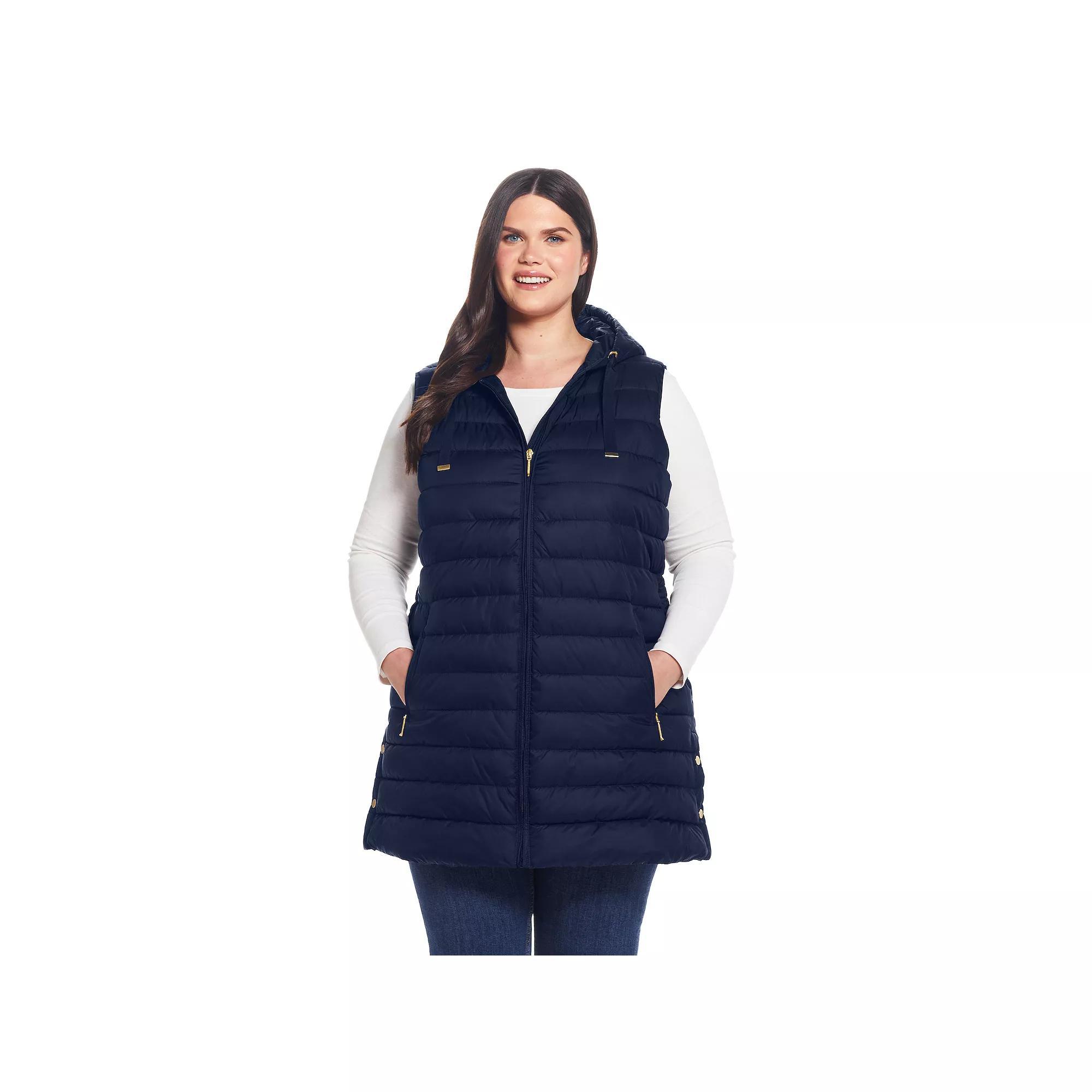 Plus Size Weathercast Hooded Quilted Long Vest, Women's, Size: 2XL, Blue Product Image