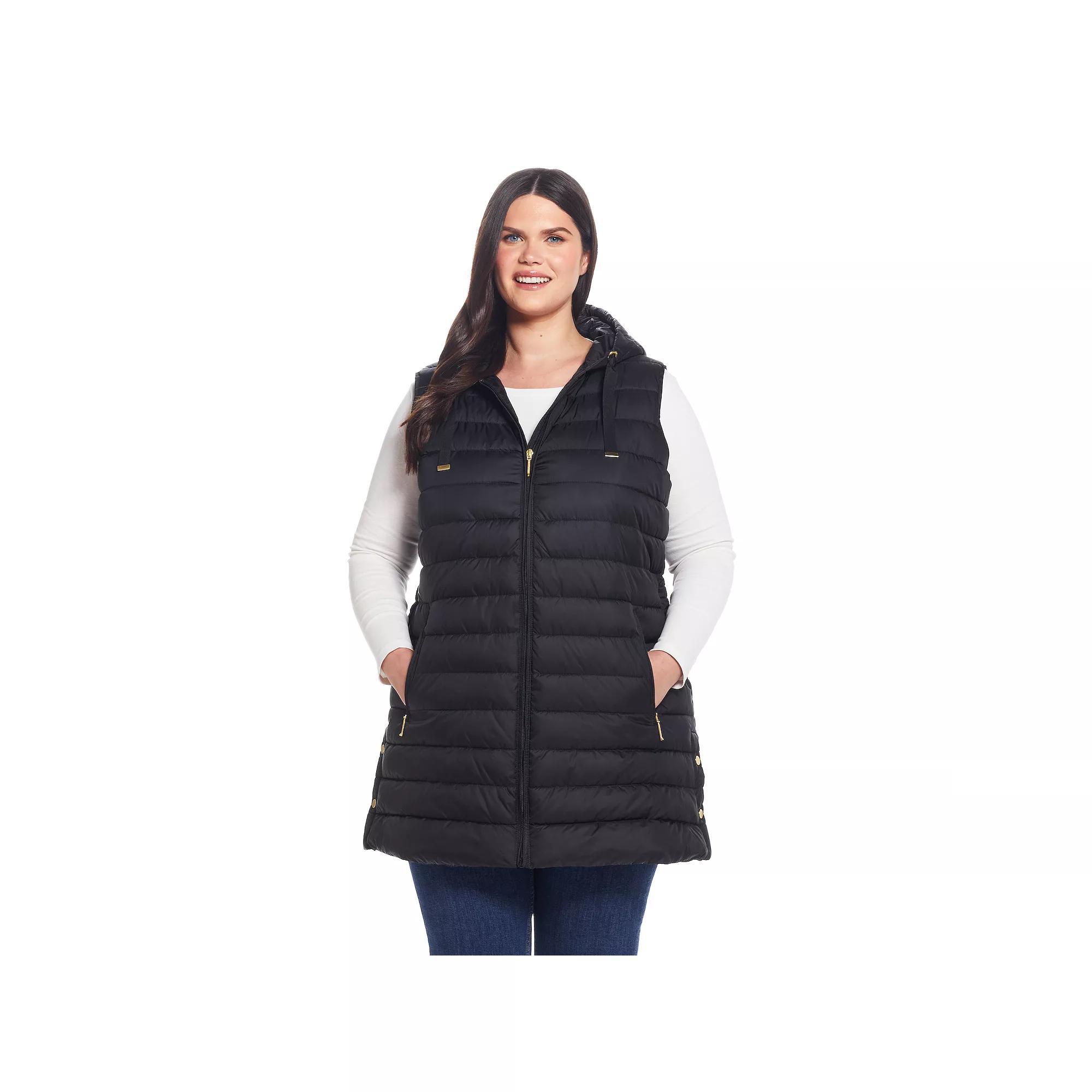 Plus Size Weathercast Hooded Quilted Long Vest, Women's, Size: 2XL, Black Product Image