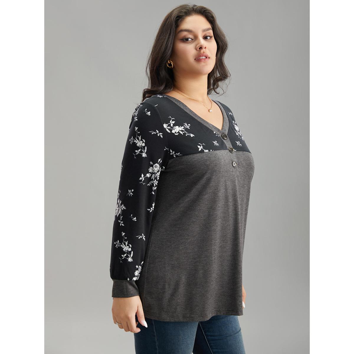 Plus Size Floral Print Patchwork Button Up T-shirt DimGray Women Elegant Printed Patchwork V-neck Dailywear T-shirts BloomChic 14-16/1X Product Image