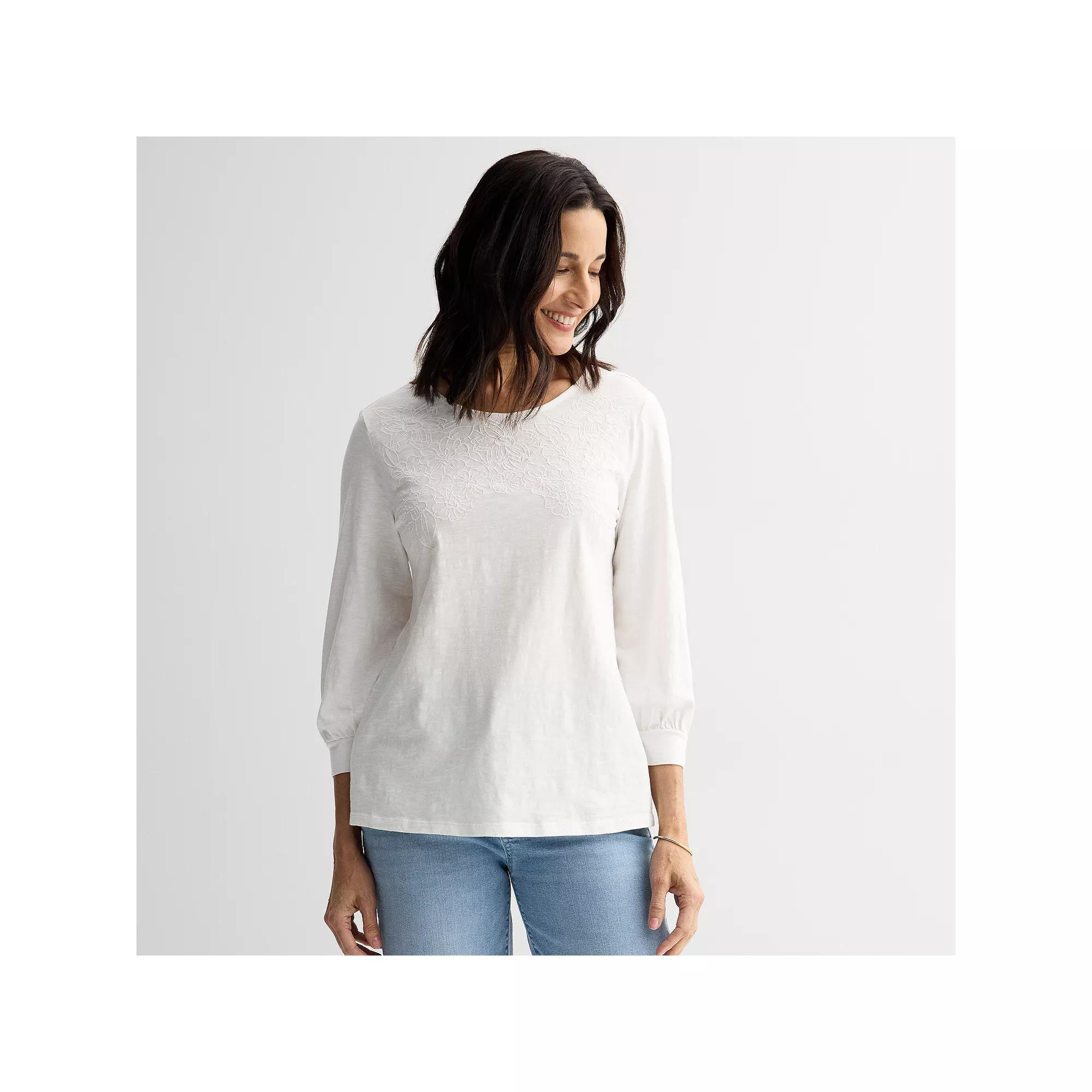 Womens Croft & Barrow Floral Embroidery Long Sleeve Top Product Image