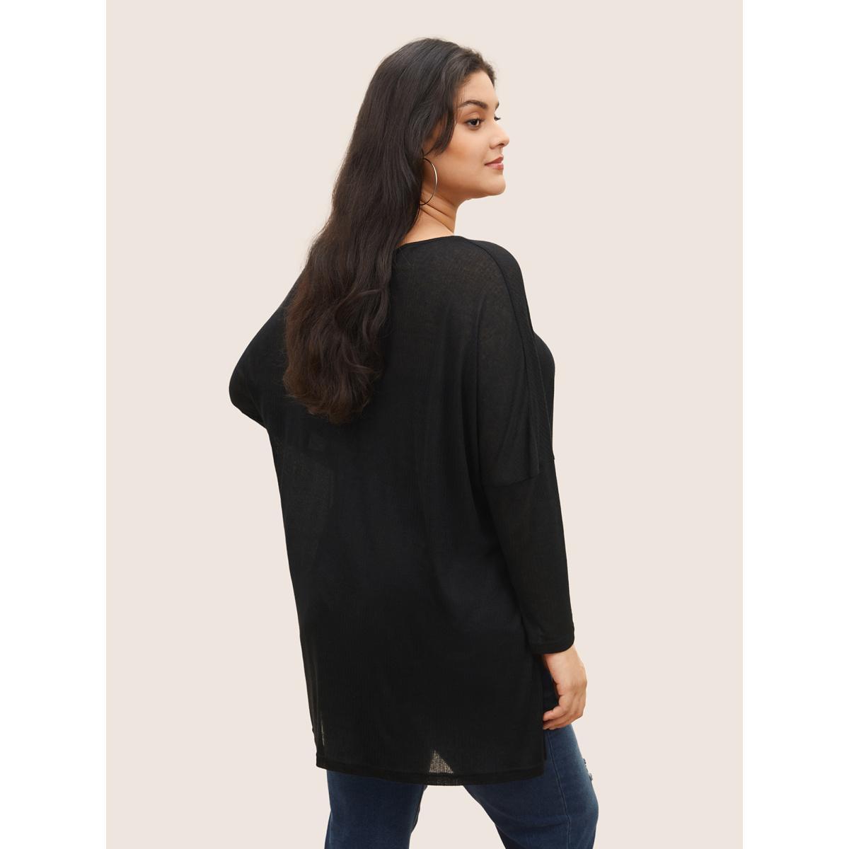 Plus Size Plain Mesh Split Side Long Sleeve T-shirt Black Women Casual Slit Round Neck Everyday T-shirts BloomChic 14-16/1X Product Image