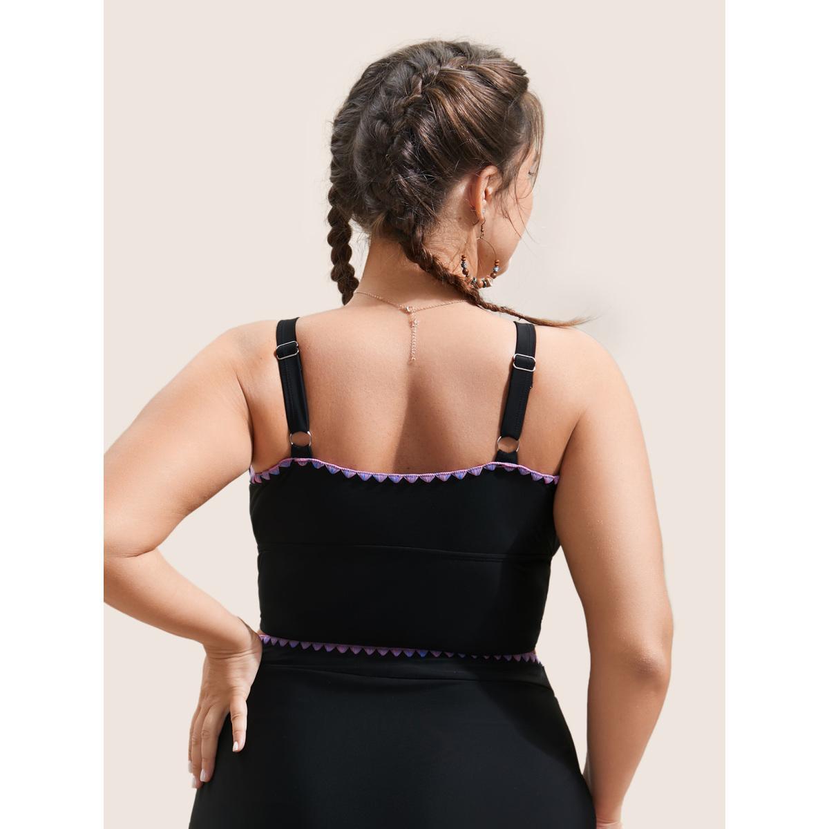 Plus Size Shell Stitch Hollow Out Warp Swim Top Women's Swimwear Black Beach Non High stretch Skinny V-neck Curve Swim Tops BloomChic 30/6X Product Image