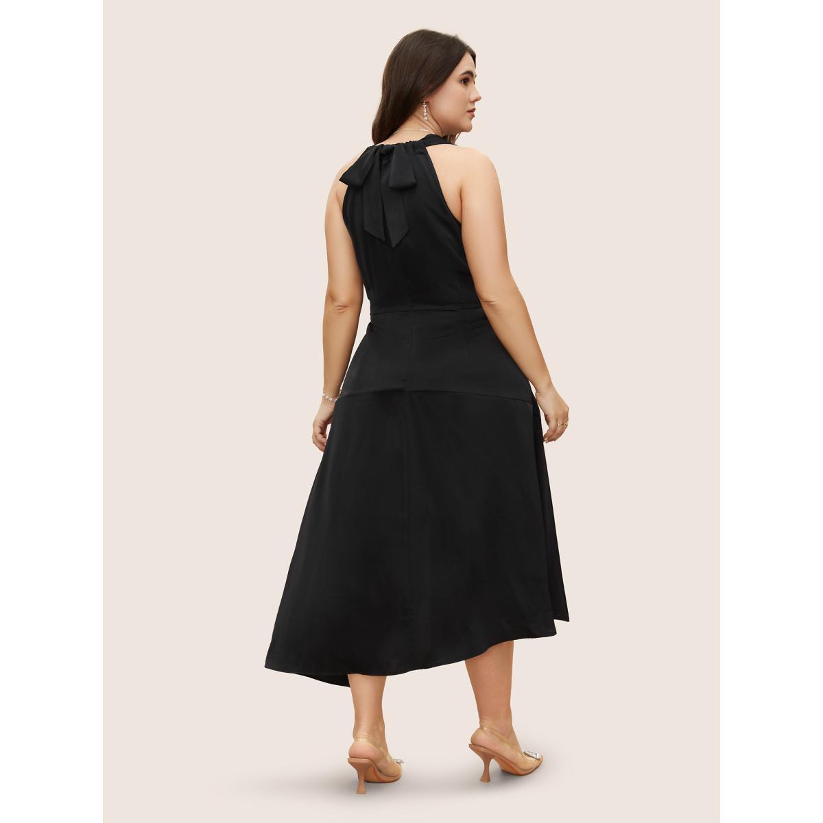 Plus Size Solid Asymmetrical Neck Split Hem Dress Black Women Formal Asymmetrical Neck Sleeveless Curvy Midi Dress BloomChic 18-20/2X Product Image