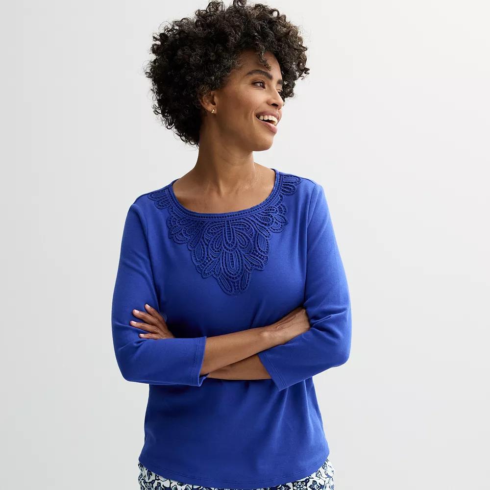 Petite Croft & Barrow® Lace Round Neck Top, Women's,  Product Image
