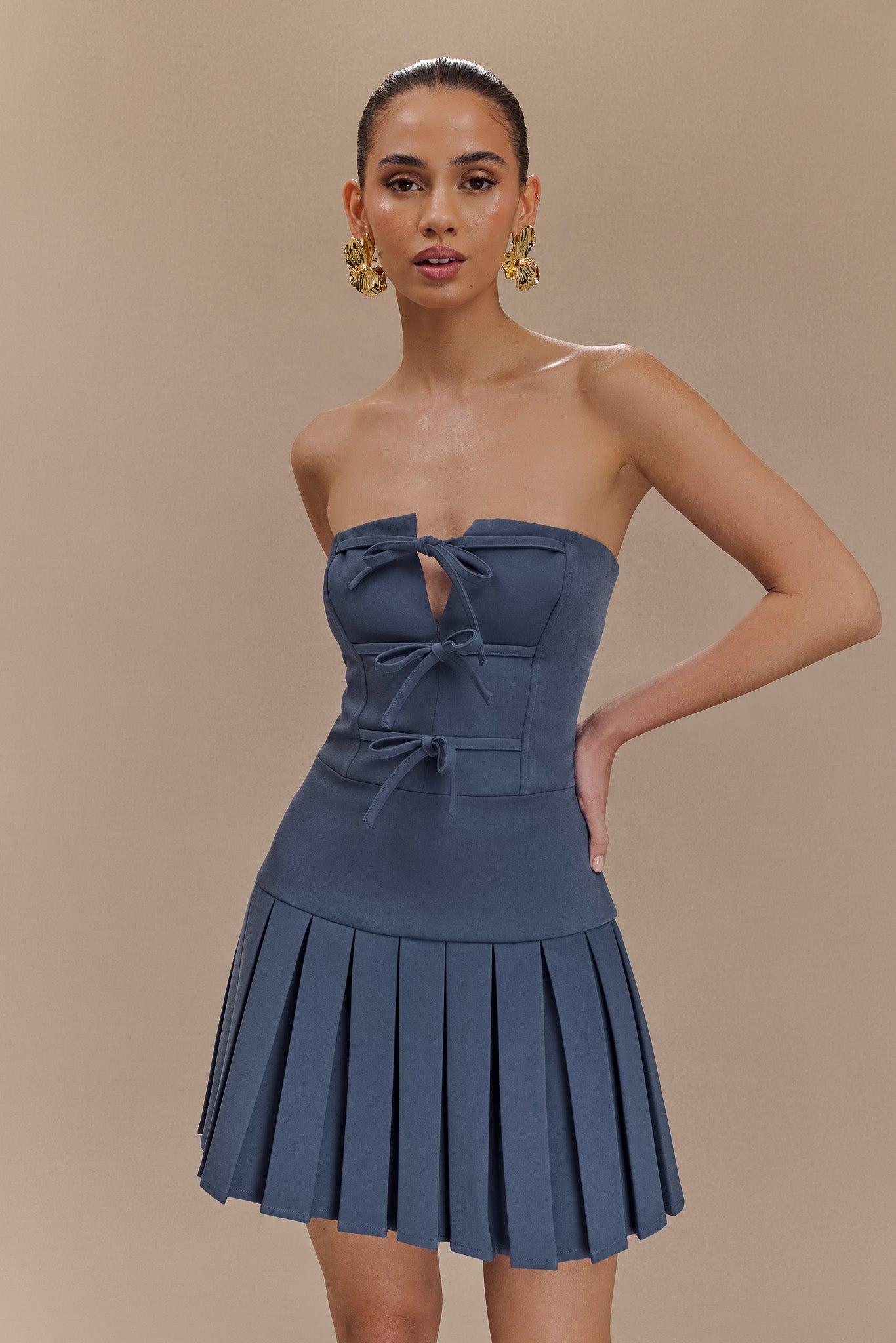 Naya Pleated Mini Dress With Ties - Steel Product Image