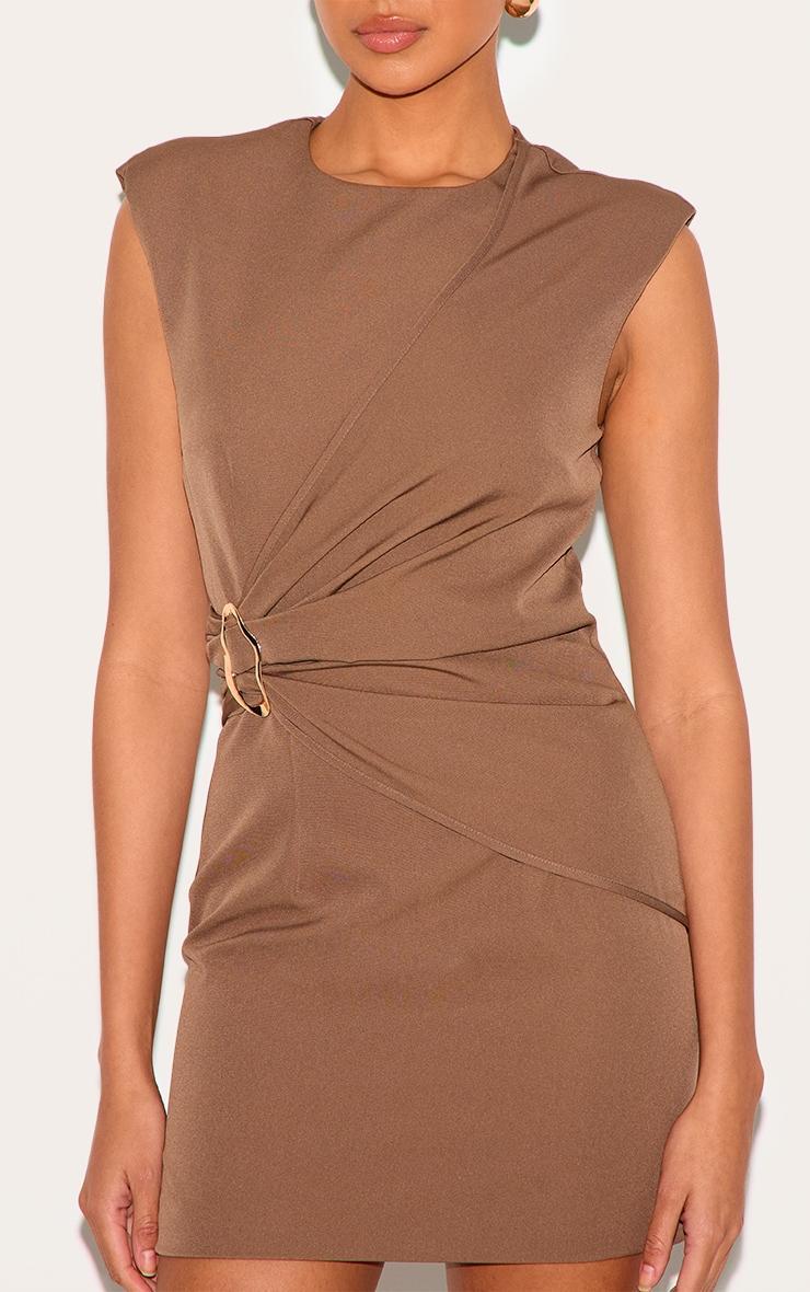 Sand Woven Ruched Trim Detail Mini Dress Product Image